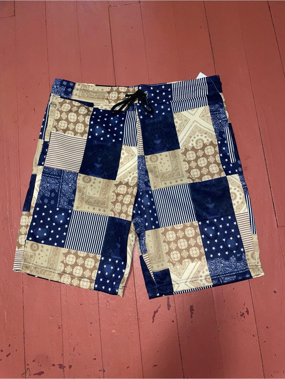 fresh Patchwork Navy and Tan Athletic Shorts